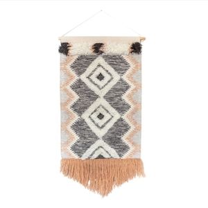 Bohemian black, gray, and cream wall art hanging decor light pink fringe.